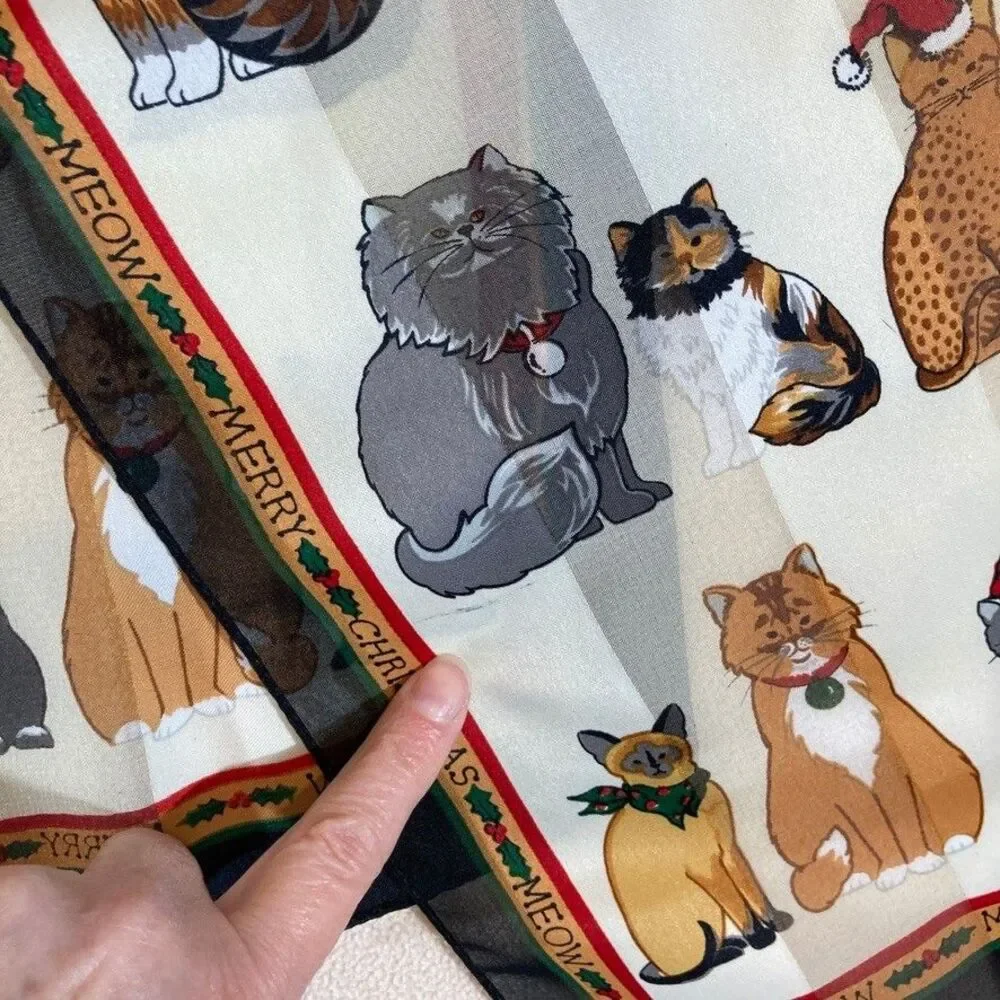 Vintage Christmas Cat Meow Neck Scarf Polyester‎ Santa Hats 57in. X 13in.